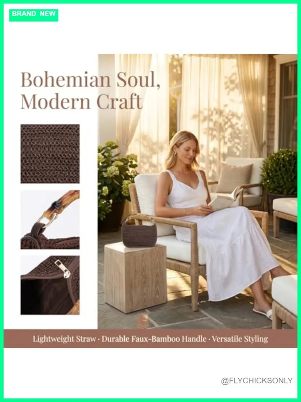 Natural Straw Woven Hobo Clutch with Imitation Bamboo Handle - Picture 6 of 6